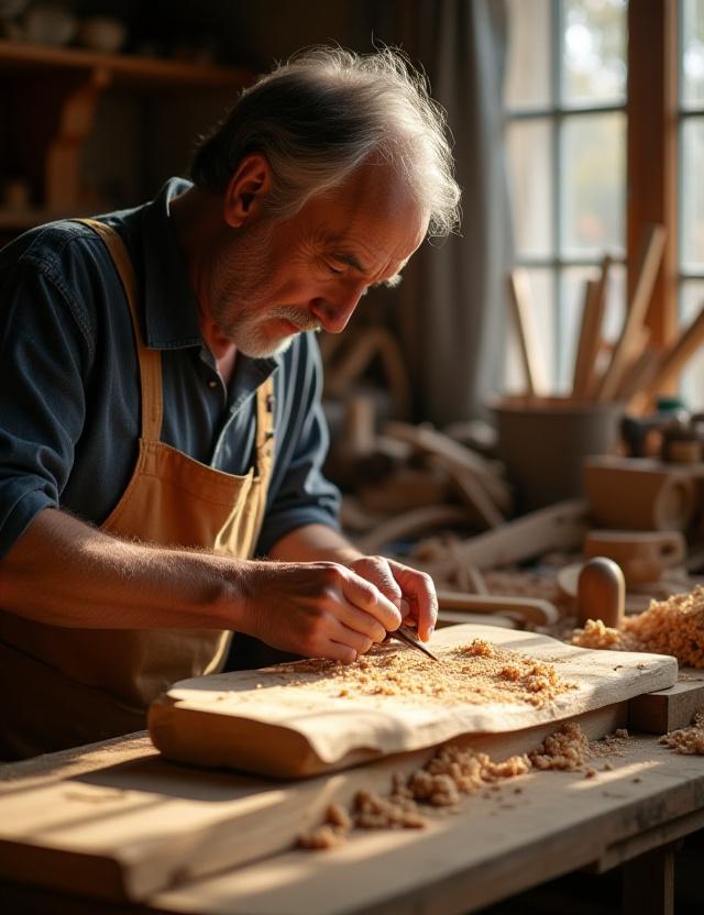 Artesano ebanista trabajando con una pieza de madera en un taller lleno de luz.