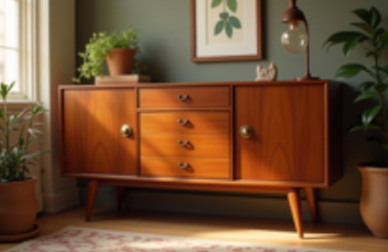 Aparador de estilo vintage en madera de cerezo con patas finas y tiradores de latón, perfecto para un salón bohemio.