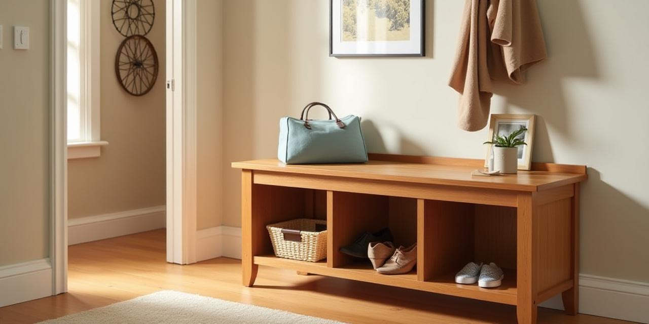 Banco de madera para entrada de recibidor con almacenaje oculto, ideal para optimizar el espacio y dar la bienvenida.