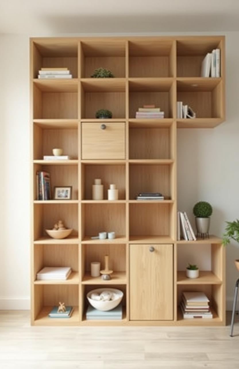 Estantería modular de pino con diseño asimétrico y compartimentos abiertos, versátil y adaptable a cualquier pared.