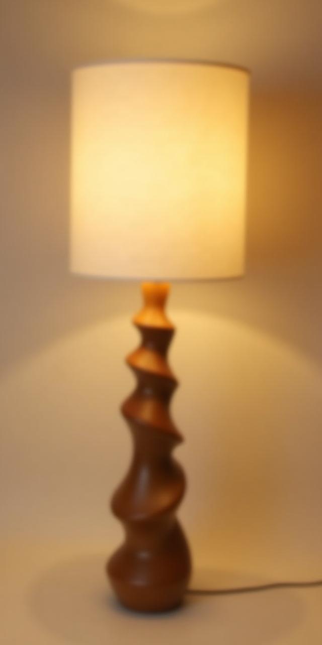 Lámpara de pie con base de madera torneada a mano, con líneas ondulantes y una pantalla de lino que difunde una luz cálida.