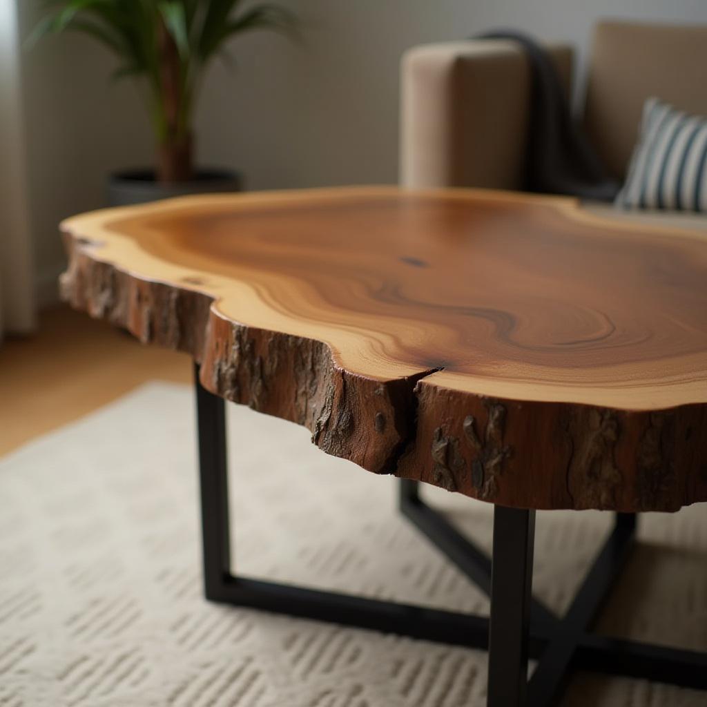 Mesa de centro con borde de madera viva y patas de metal oscuras, resaltando la forma natural del tronco.