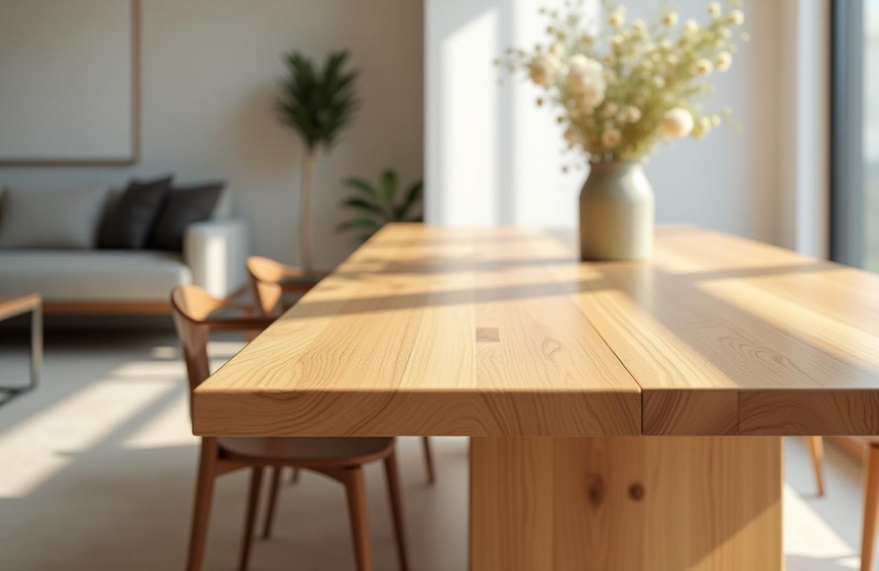 Elegante mesa de comedor de roble artesanal en un luminoso salón.