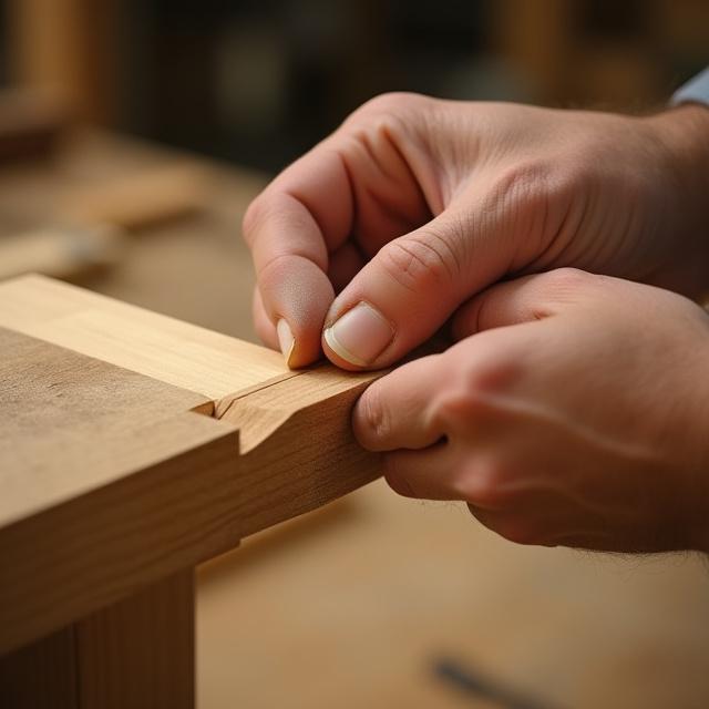 Manos de un experto ebanista uniendo dos piezas de madera con una junta de ebanistería tradicional, sin tornillos.
