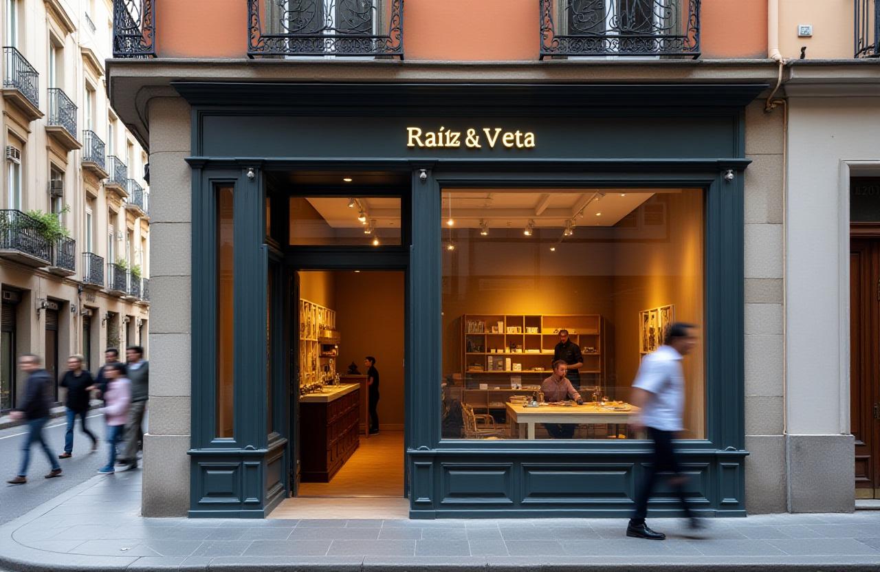Fachada del taller de Raíz & Veta en una calle céntrica de Madrid, con un gran ventanal que muestra el interior